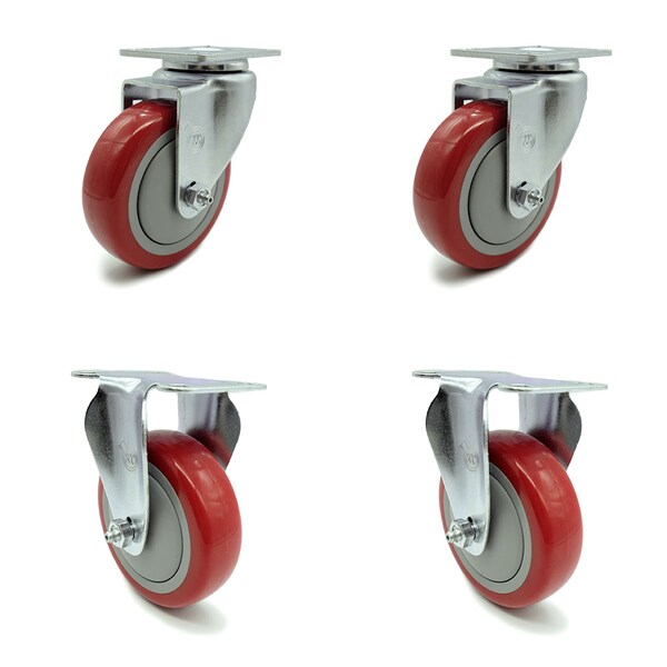 4 Inch Red Polyurethane Wheel Swivel Top Plate Caster Set with 2 Rigid SCC